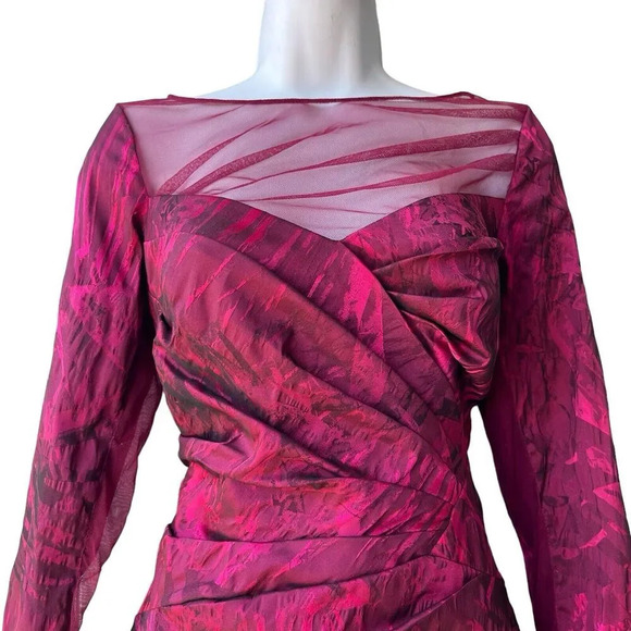 RICKIE FREEMAN Teri Jon Sheath Dress Women’s Size 8 Burgundy Mesh Ruched - Picture 3 of 4